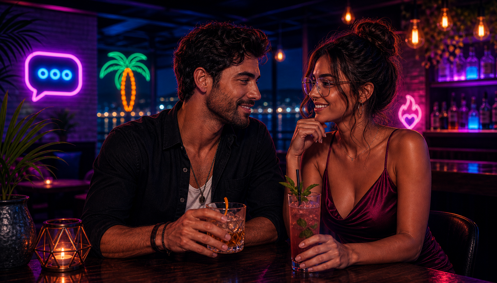 Zwei Erwachsene flirten an einer Plauderinsel Bar