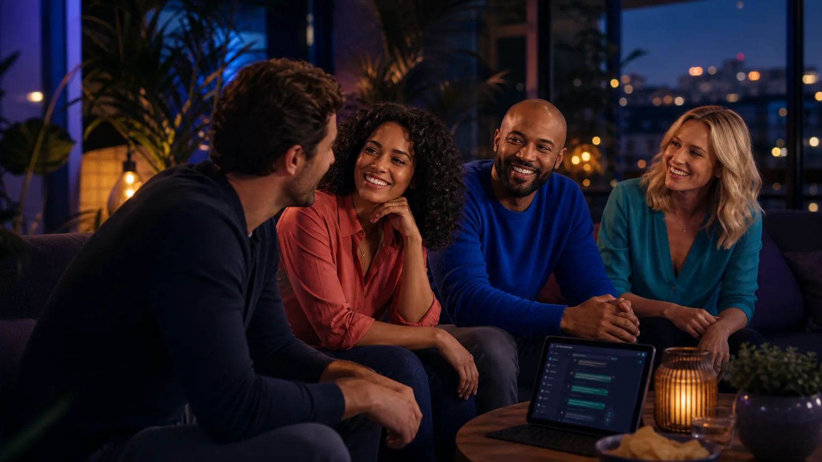 Freundliche Erwachsene plaudern abends in einer modernen Lounge